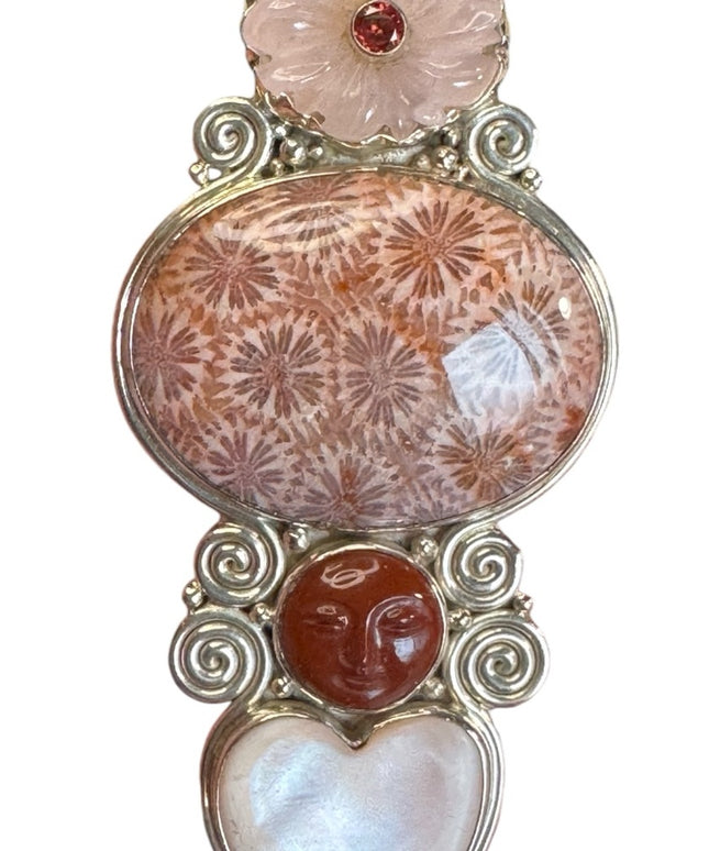 Sajen large sterling silver Bali multi gemstone GODDESS heart pendant brooch