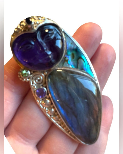 Sajen Bali boneface goddess abalone amethyst sterling silver 925 pendant brooch