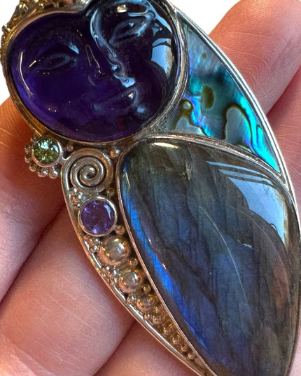 Sajen Bali boneface goddess abalone amethyst sterling silver 925 pendant brooch