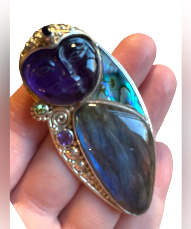 Sajen Bali boneface goddess abalone amethyst sterling silver 925 pendant brooch