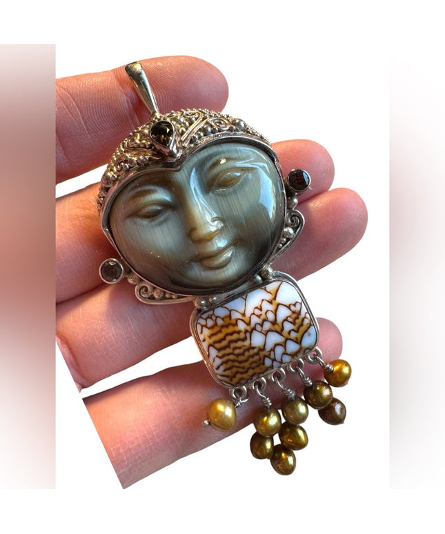 Sajen Sterling silver 925 Goddess multi gemstone & shell large pendant
