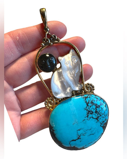 Sajen sterling silver 18k gold plt 925 gemstone composite CaT kitty lg pendant