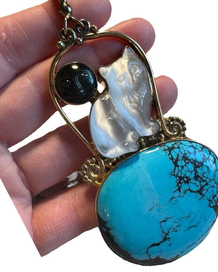 Sajen sterling silver 18k gold plt 925 gemstone composite CaT kitty lg pendant