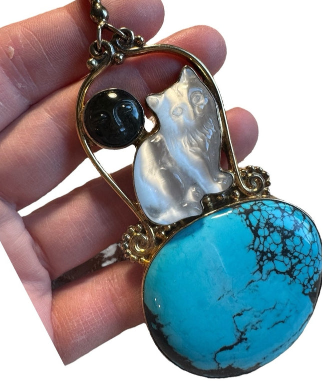 Sajen sterling silver 18k gold plt 925 gemstone composite CaT kitty lg pendant