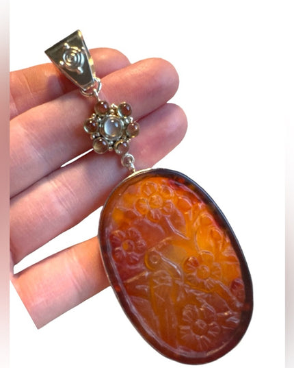 Sajen Carved Agate Pendant Sterling Silver 925 large Bali