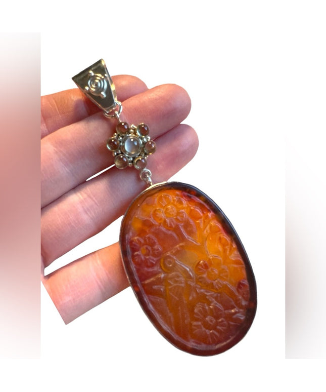Sajen Carved Agate Pendant Sterling Silver 925 large Bali