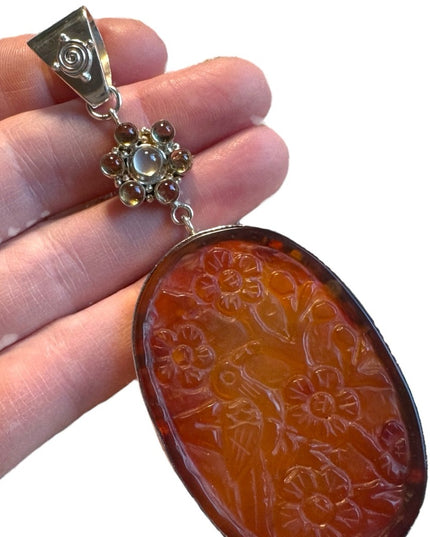 Sajen Carved Agate Pendant Sterling Silver 925 large Bali