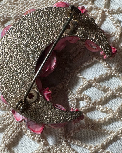 Stunning MC  pink bead crystal half wreath crescent fancy brooch 1950s