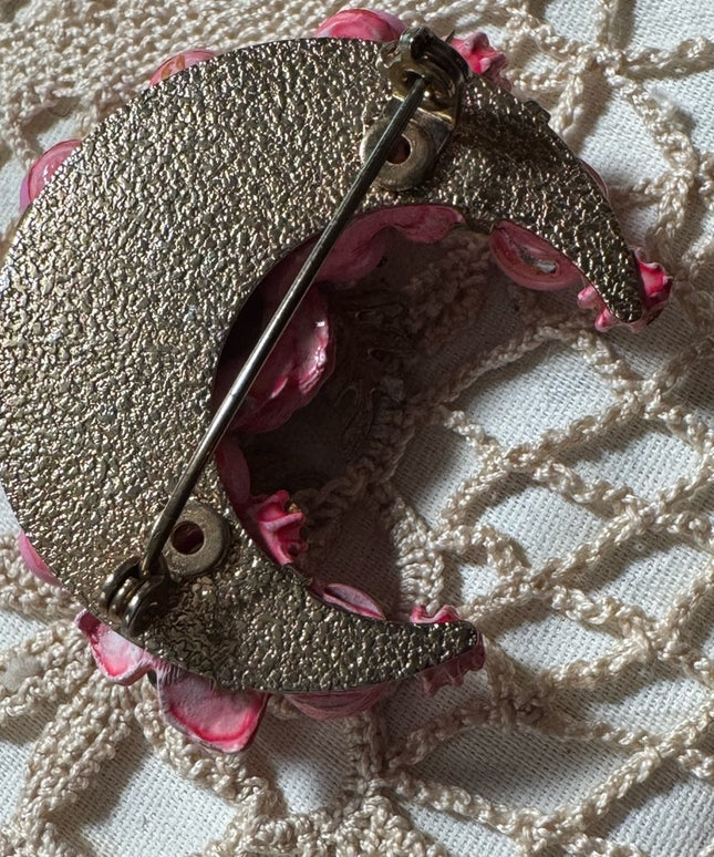 Stunning MC  pink bead crystal half wreath crescent fancy brooch 1950s