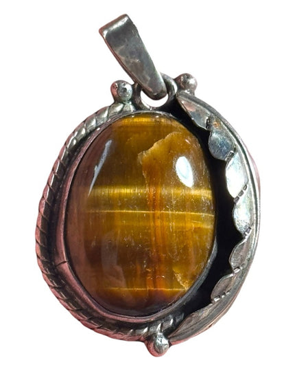 Vintage Southwestern sterling tiger eye pendant handmade leaf Navajo design