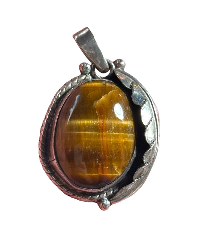 Vintage Southwestern sterling tiger eye pendant handmade leaf Navajo design