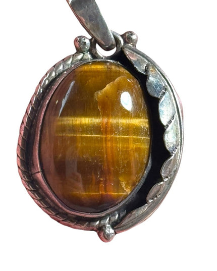 Vintage Southwestern sterling tiger eye pendant handmade leaf Navajo design