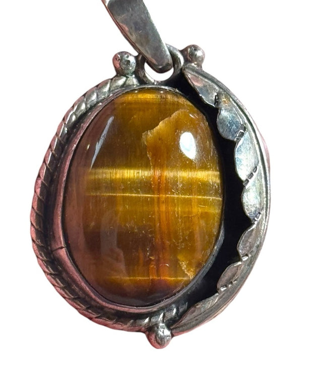Vintage Southwestern sterling tiger eye pendant handmade leaf Navajo design