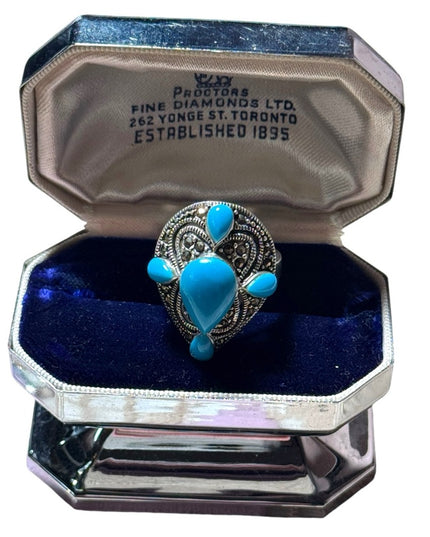 Stunning marcasite turquoise large sterling silver dinner ring