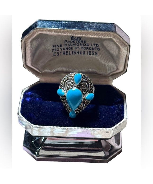 Stunning marcasite turquoise large sterling silver dinner ring