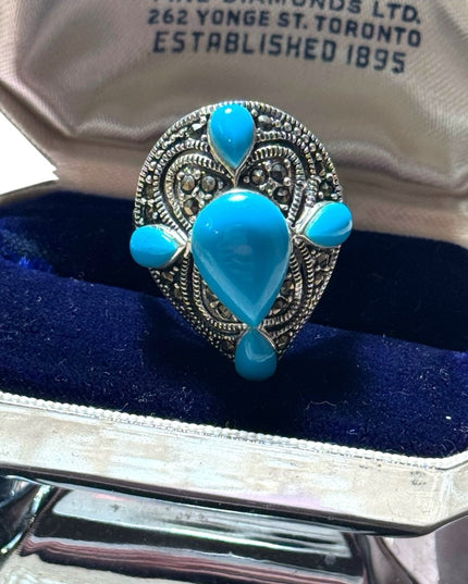 Stunning marcasite turquoise large sterling silver dinner ring