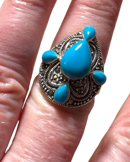 Stunning marcasite turquoise large sterling silver dinner ring