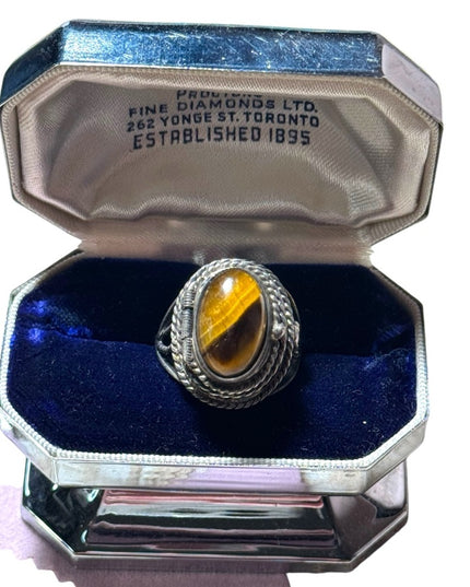 Vintage Mexico poison ring tiger eye adjustable sterling silver Taxco 925