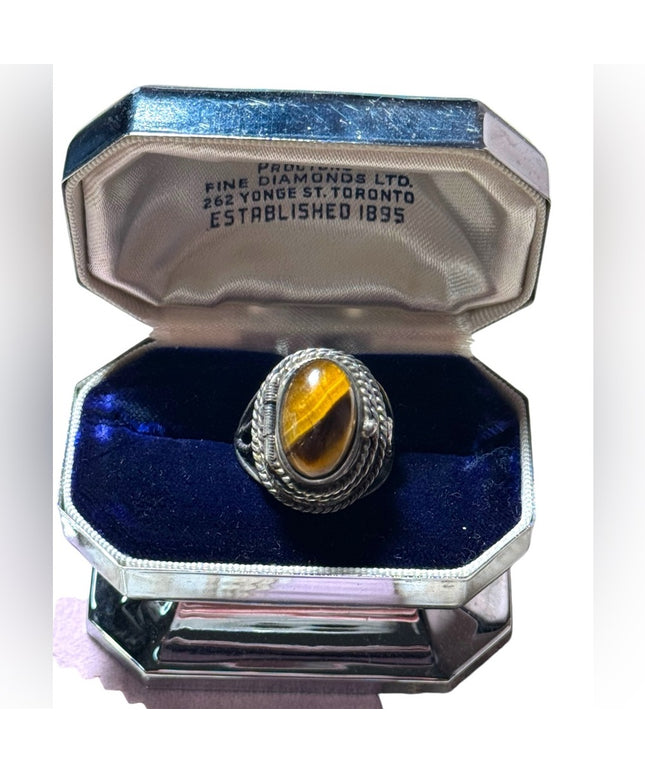 Vintage Mexico poison ring tiger eye adjustable sterling silver Taxco 925