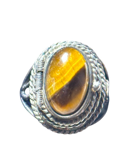 Vintage Mexico poison ring tiger eye adjustable sterling silver Taxco 925