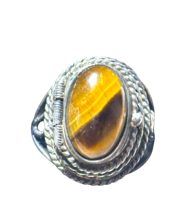 Vintage Mexico poison ring tiger eye adjustable sterling silver Taxco 925
