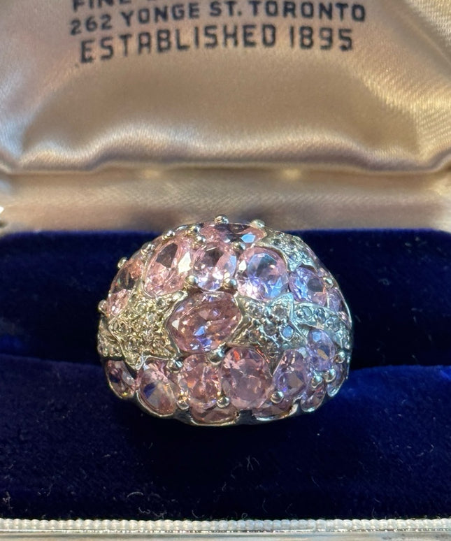Vintage large pink CZ cluster domed ring chunky large Sz 7 statement