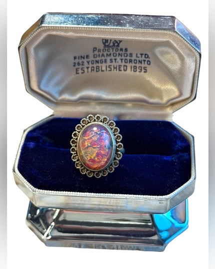 Vintage opal  nickel silver  filagree ring 1950s Mexico