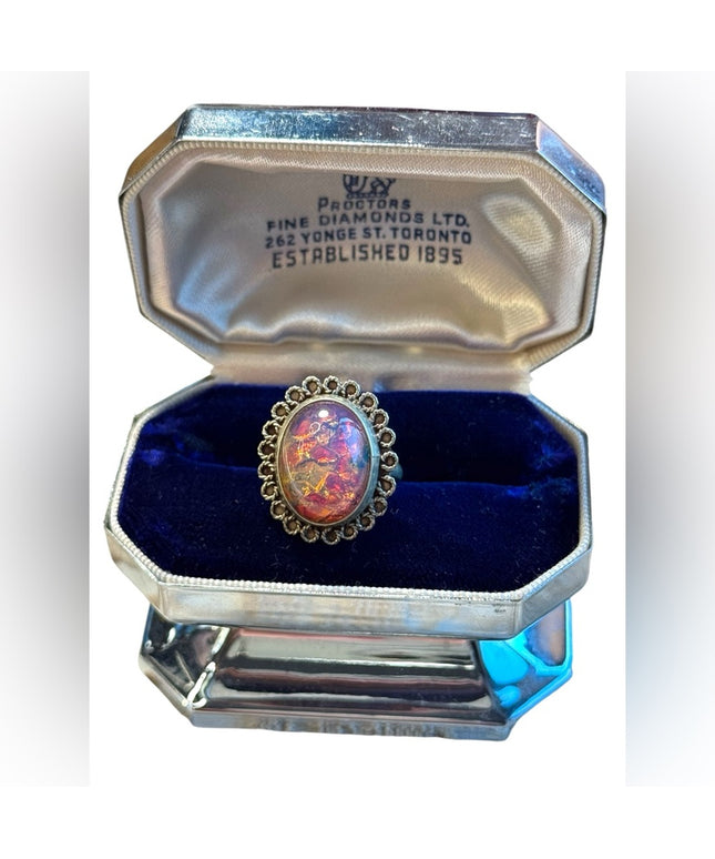 Vintage opal  nickel silver  filagree ring 1950s Mexico