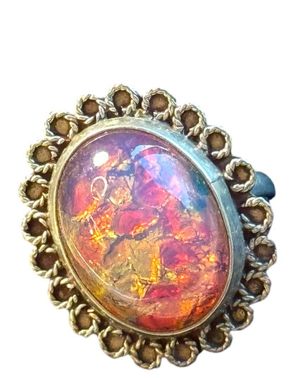 Vintage opal  nickel silver  filagree ring 1950s Mexico