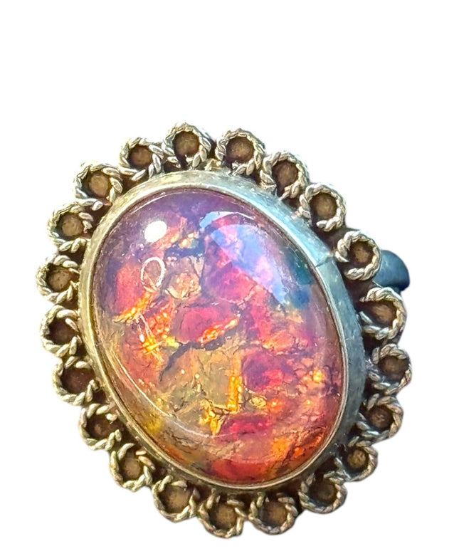 Vintage opal  nickel silver  filagree ring 1950s Mexico
