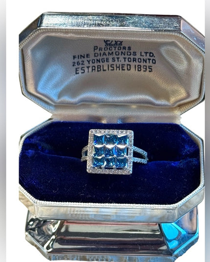Sterling silver lovely CZ blue & clear crystal square ring