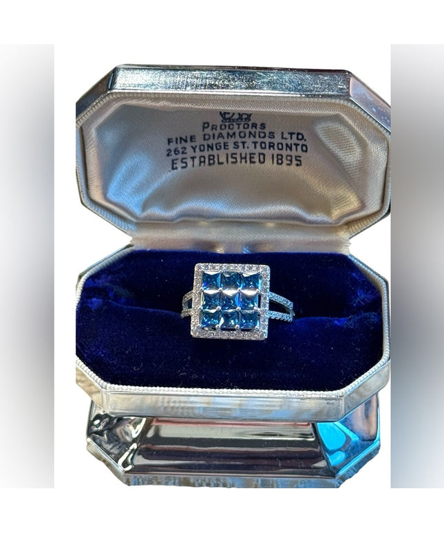 Sterling silver lovely CZ blue & clear crystal square ring