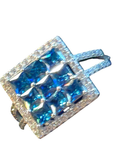 Sterling silver lovely CZ blue & clear crystal square ring