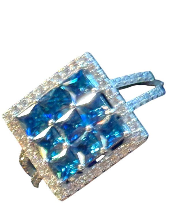 Sterling silver lovely CZ blue & clear crystal square ring