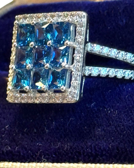 Sterling silver lovely CZ blue & clear crystal square ring