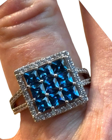 Sterling silver lovely CZ blue & clear crystal square ring