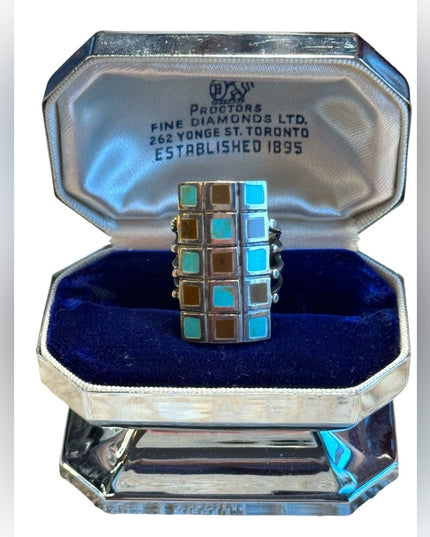 Vintage sterling silver 925 long mosaic turquoise ring long rectangle