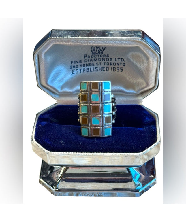 Vintage sterling silver 925 long mosaic turquoise ring long rectangle