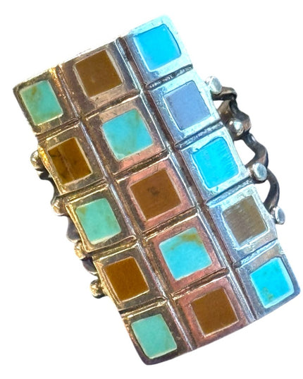 Vintage sterling silver 925 long mosaic turquoise ring long rectangle