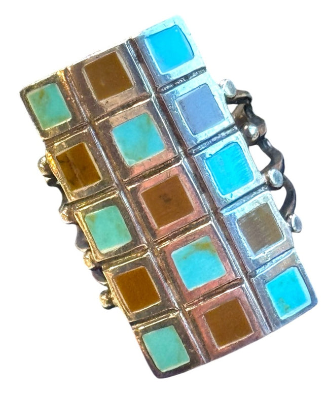 Vintage sterling silver 925 long mosaic turquoise ring long rectangle