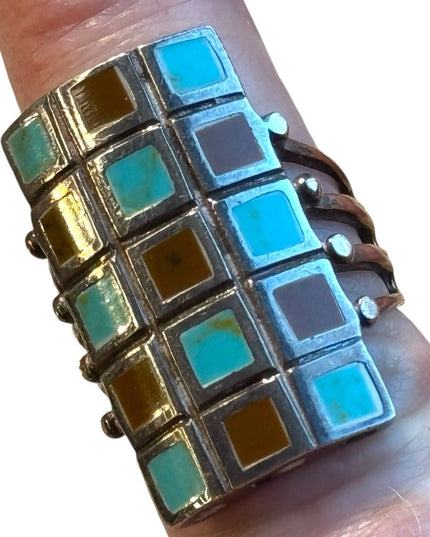 Vintage sterling silver 925 long mosaic turquoise ring long rectangle