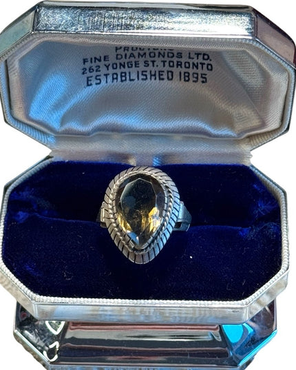 Antique smokey quartz sterling silver 925 lg pear shape fancy ring