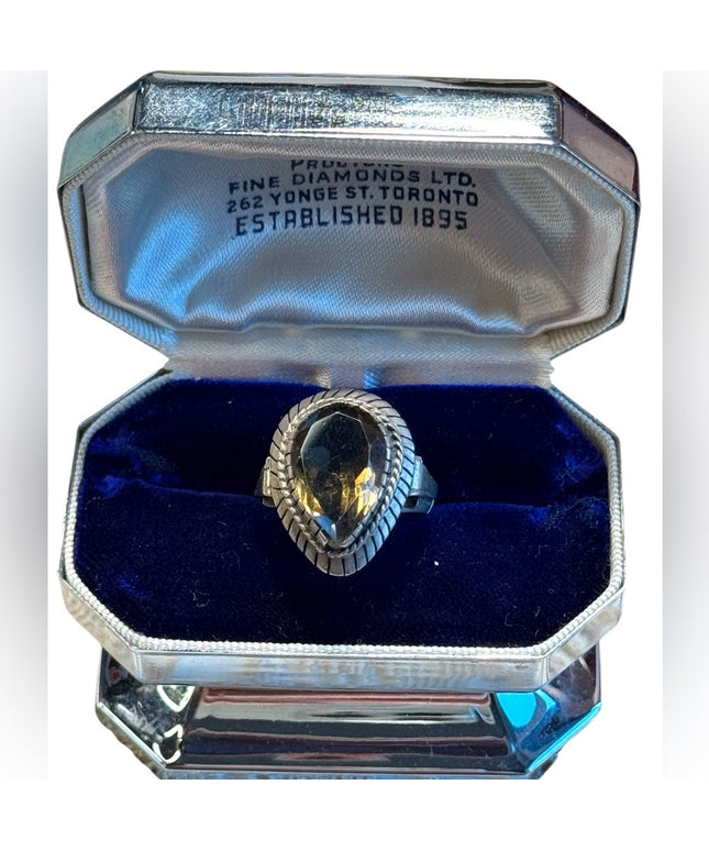 Antique smokey quartz sterling silver 925 lg pear shape fancy ring