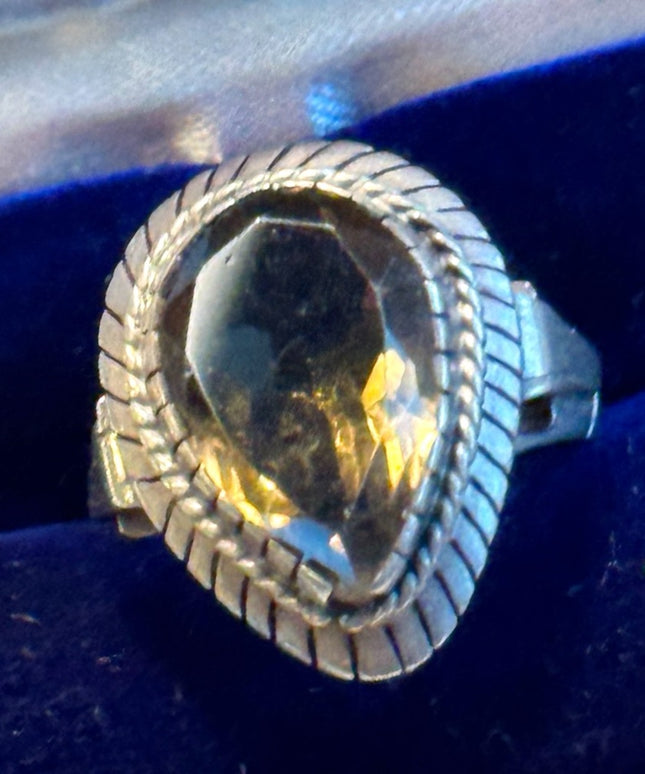 Antique smokey quartz sterling silver 925 lg pear shape fancy ring