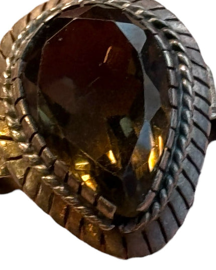 Antique smokey quartz sterling silver 925 lg pear shape fancy ring