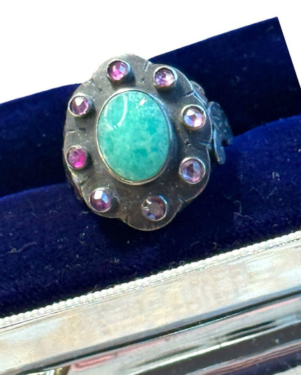 Vintage sterling silver 925 raw emerald & raw ruby fancy etched leaf ring