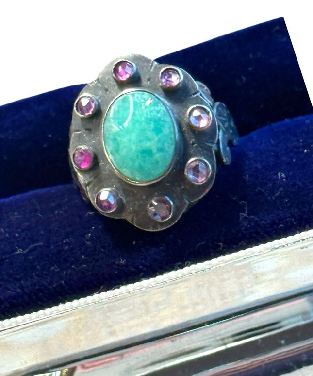 Vintage sterling silver 925 raw emerald & raw ruby fancy etched leaf ring