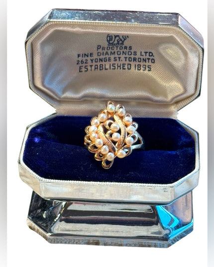 Rose gold plt sterling silver 925 pearl greek key etching dinner ring cluster