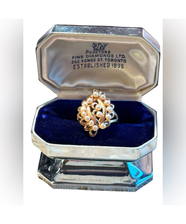 Rose gold plt sterling silver 925 pearl greek key etching dinner ring cluster