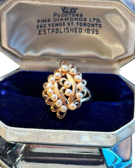 Rose gold plt sterling silver 925 pearl greek key etching dinner ring cluster